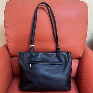 Stone Mountain Black Leather Shoulder Bag 2 Handle Tote Nickel Hardware 13" W